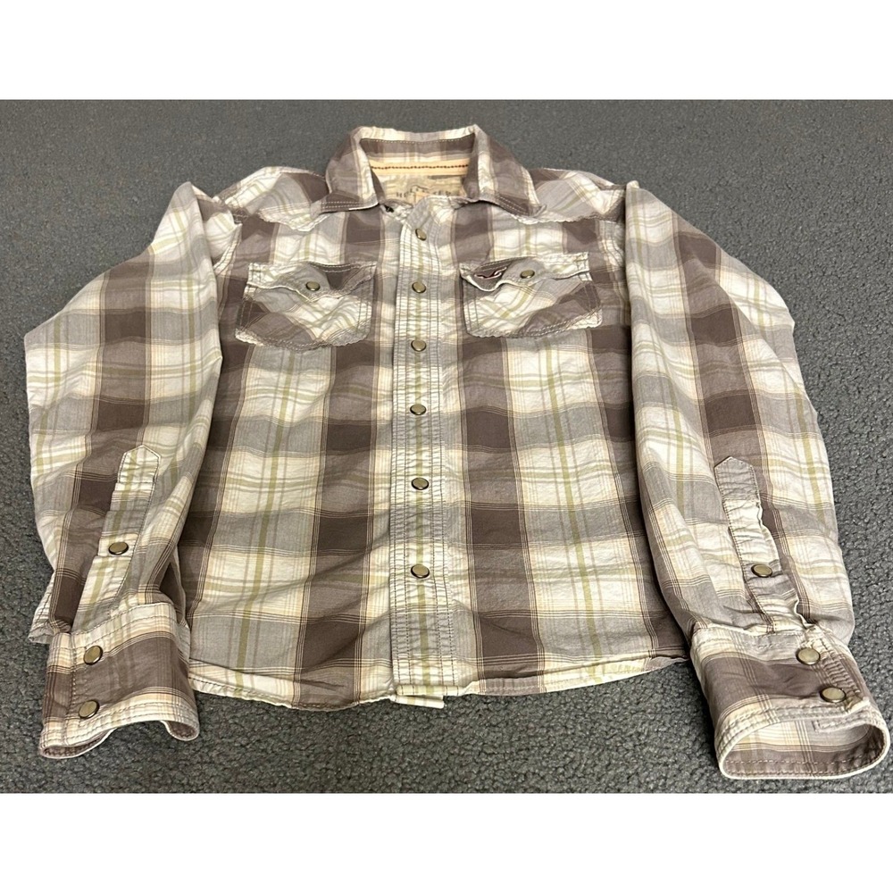 Hollister Plaid Flannel Shirt Kids Small Brown Western Snap Button Down